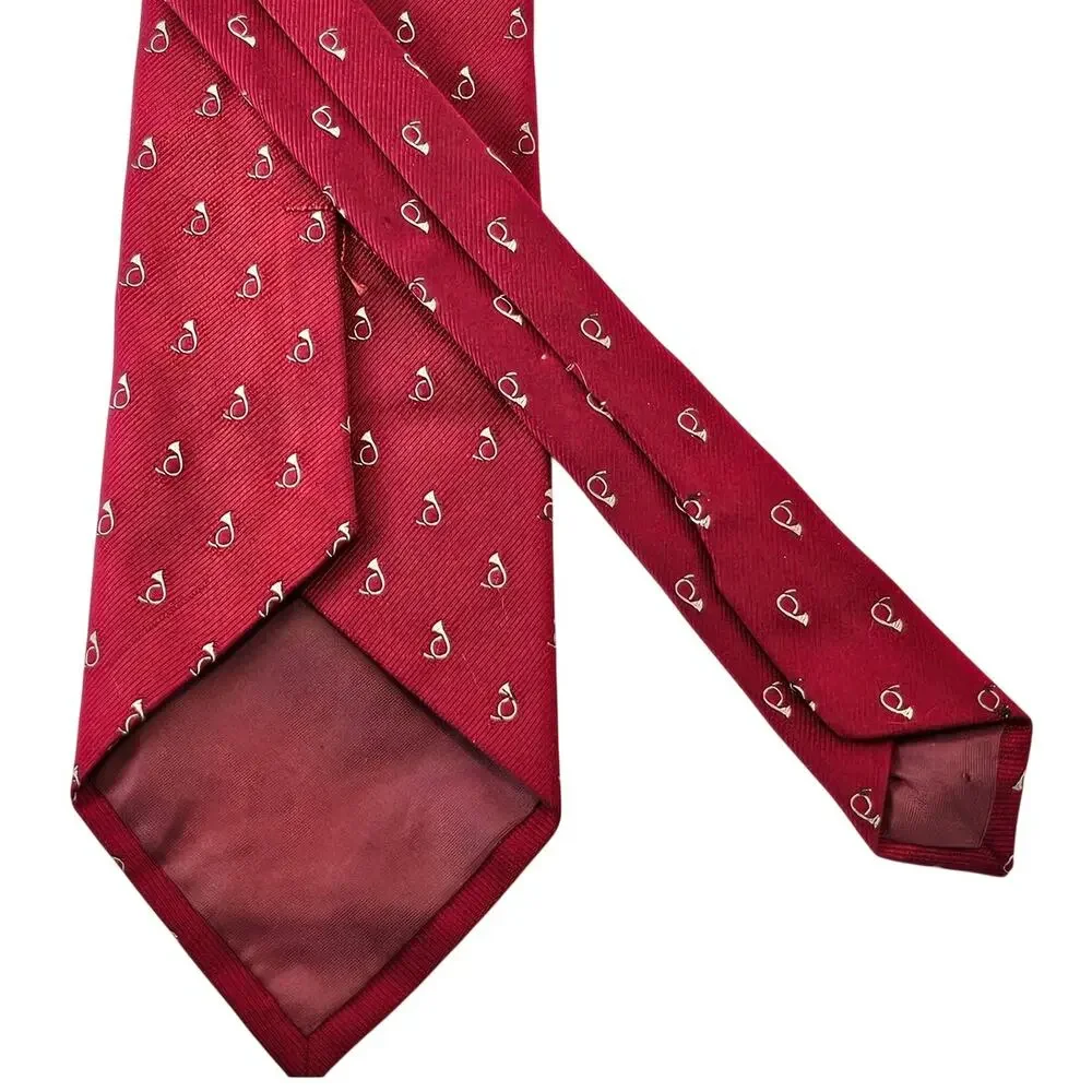 Mens Red Silk Necktie White French Horn Micro Pattern Classic Tie 58” 3.75”